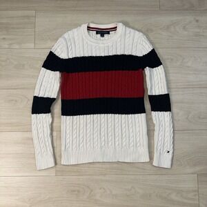 Vintage Tommy Hilfiger Women's Cable Knit Sweater Size Medium Red White & Blue